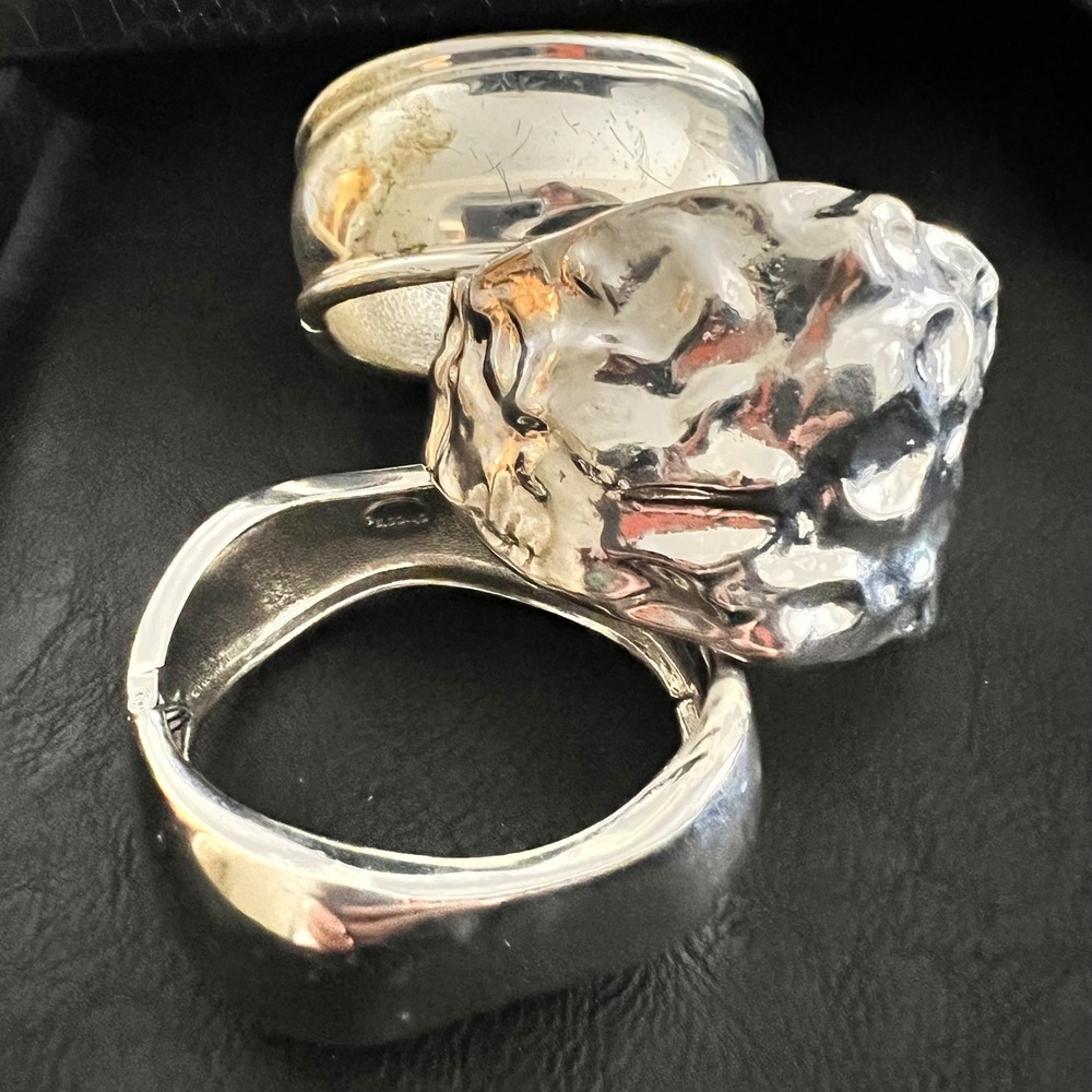 Silver Tone Hammered Brutalist Bangle Bracelet Set 3pc Brutalist